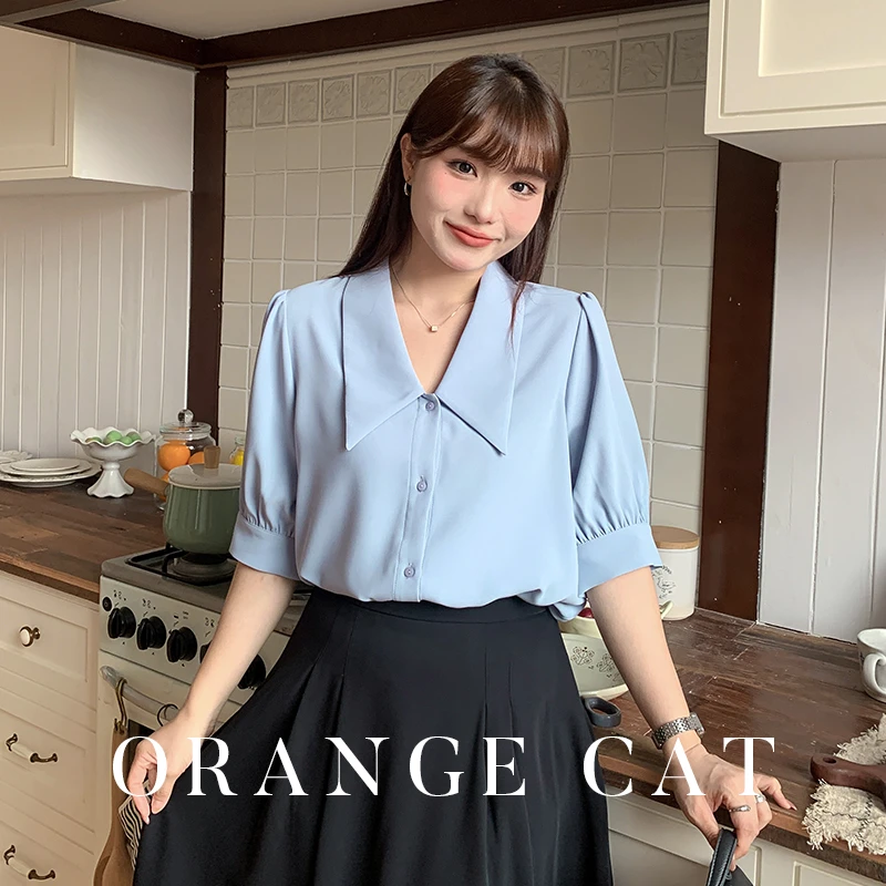 大码胖mm职业装夏季V领短袖衬衫半袖教资公务员面试蓝色衬衫上衣