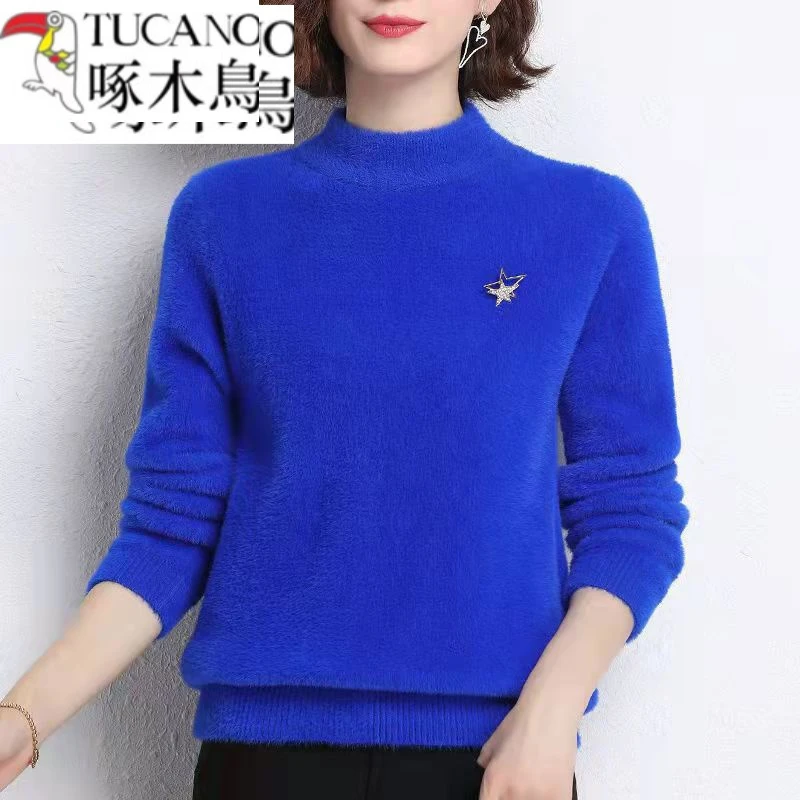 啄木鸟啄木鸟一体水貂绒毛衣女秋冬季新款半高领加厚保暖针织打底