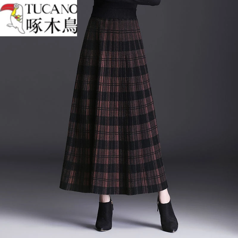 啄木鸟针织半身裙女冬天配毛衣羊毛裙中长款大摆字裙厚款毛线格子