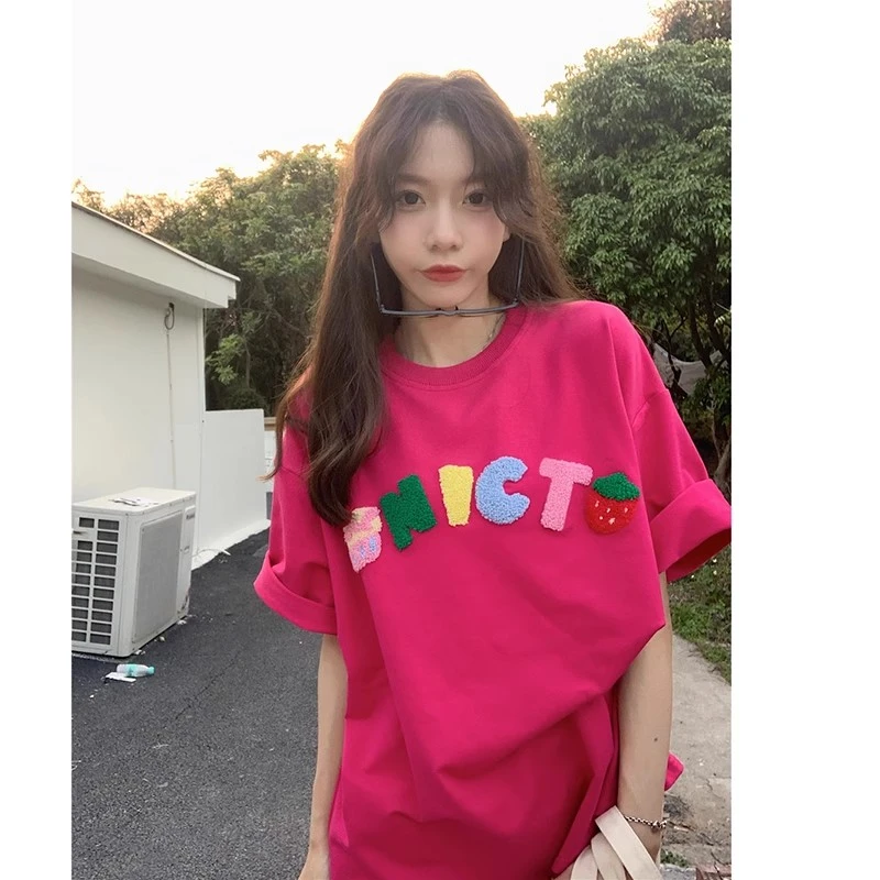 玫红色短袖t恤女薄款2024新款洋气宽松小众中长款多巴胺穿搭体恤