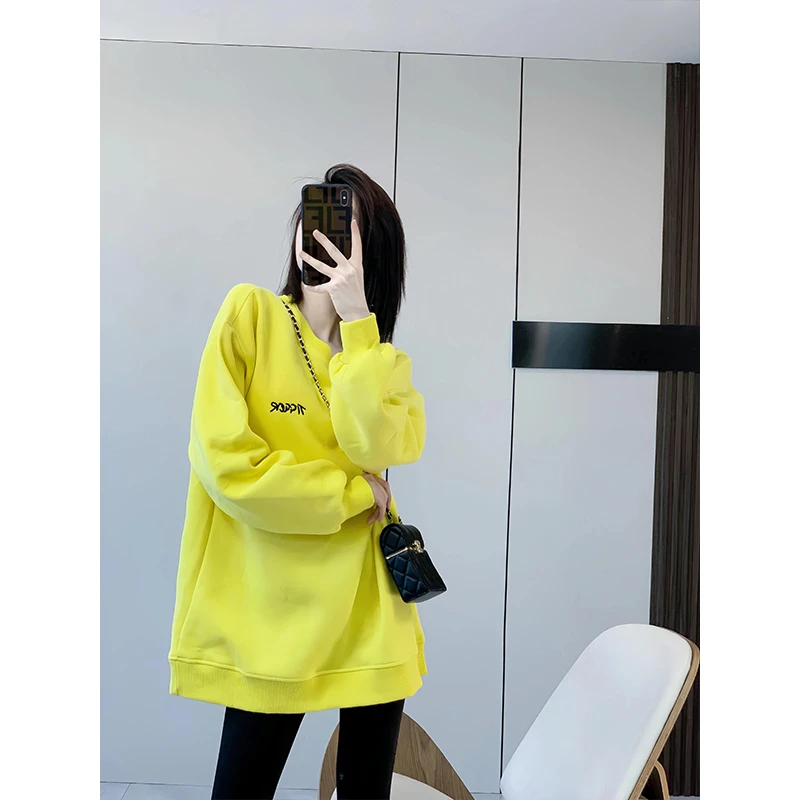 加绒黄色卫衣女秋冬款2024新款爆款洋气炸街小众简约显瘦外套女