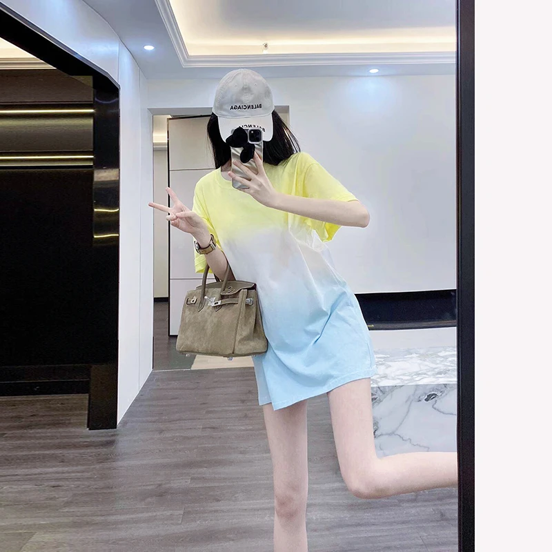 长款短袖女t恤夏季2024新款欧货大版洋气中长款遮屁股宽松上衣
