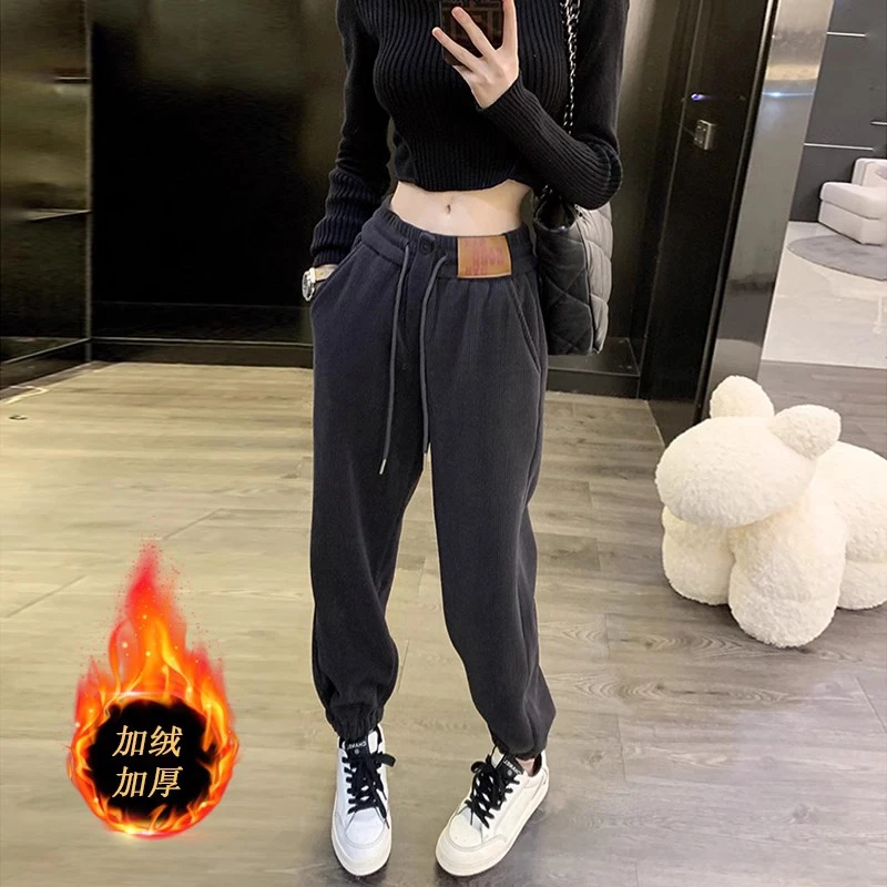 灰色加绒运动裤子女款爆款2025新款高级感休闲棉裤巨好看束脚卫裤