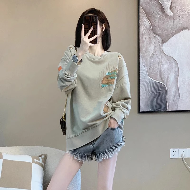 早秋复古卫衣女春秋款2024新款爆款显瘦小众潮牌圆领卡其色外套