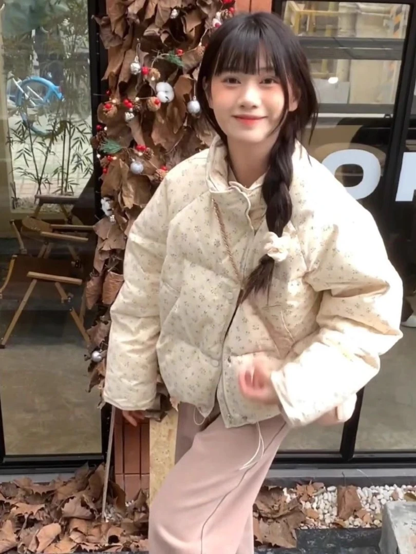 2025新款韩系小碎花立领短款甜美棉服服女宽松面包服加厚外套