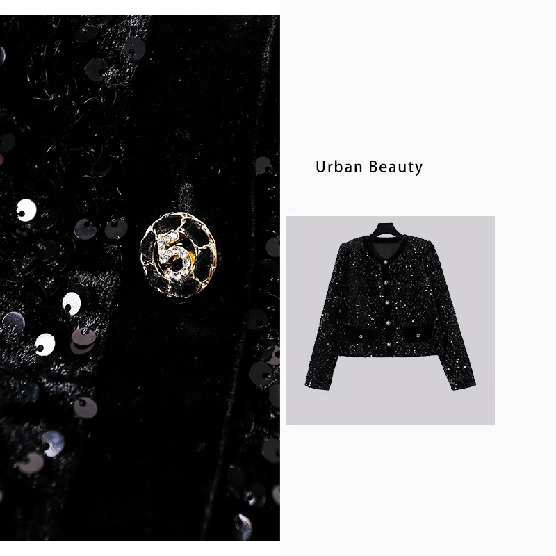 法式气质时尚长袖小香风秋冬上衣女外套重工亮片外套轻奢DF5182