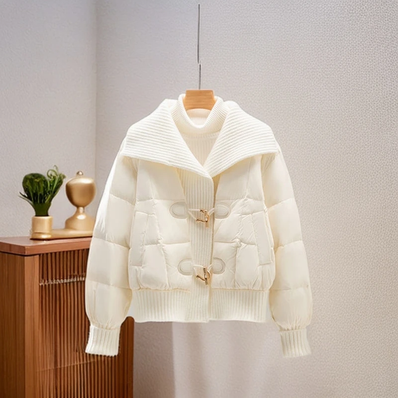 冬季大码女装2025新款时尚百搭减龄保暖翻领洋气针织拼接棉服外套
