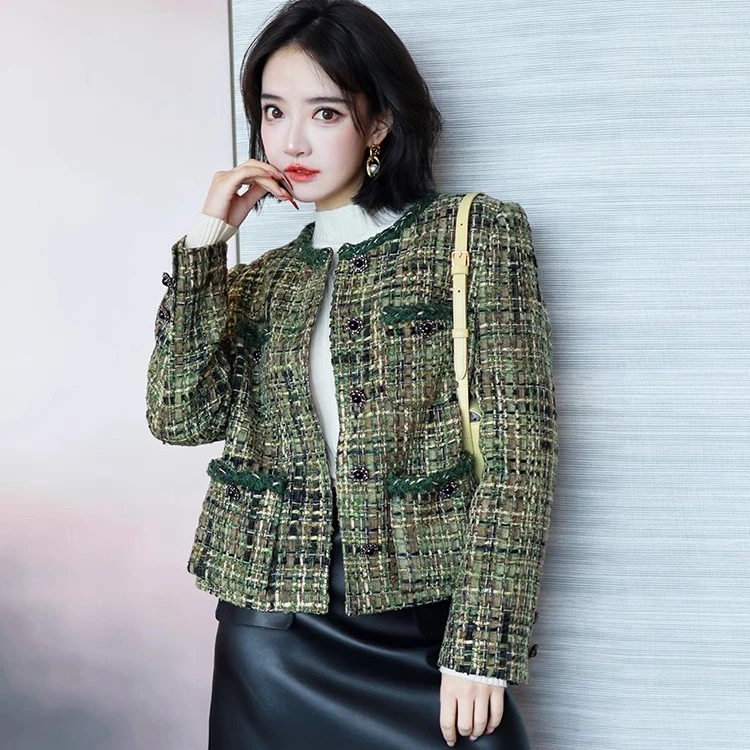 11343重工粗花呢圆领编织花边香风外套