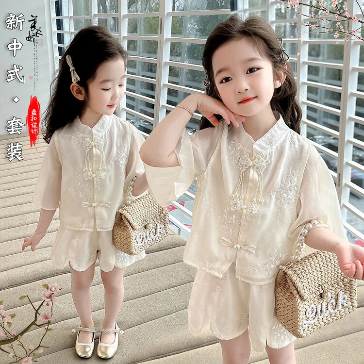 女童国风提花套装2024夏季新款儿童时髦洋气国风梅花刺绣上衣套装