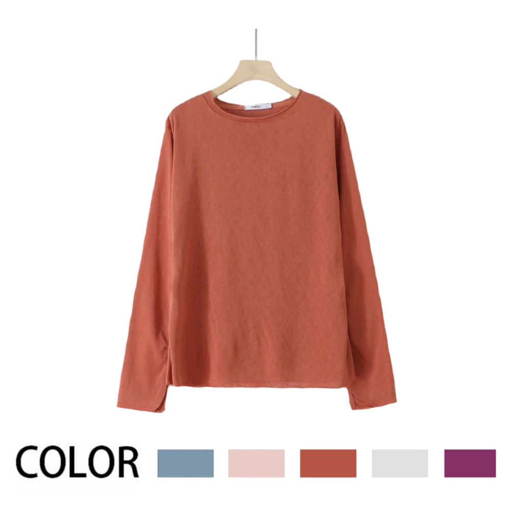 套头圆领休闲内搭长袖纯色COLOR常规雪花棉圆领T恤简约毛边