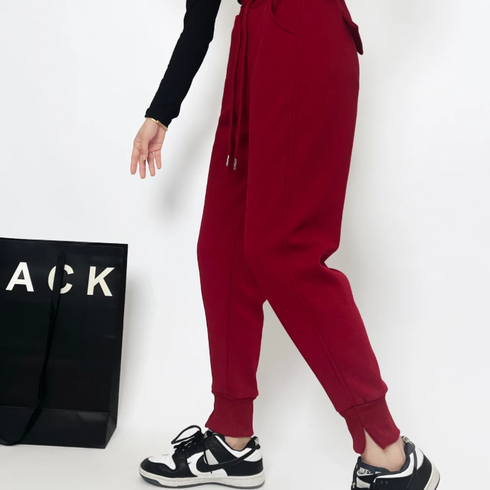 开衩法式螺纹口奥绒加厚防风冬季显瘦百搭休闲裤新款简约时尚