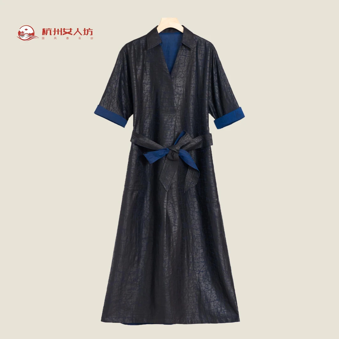 夏季新款双面双穿龟裂纹老料气质儒雅极光蓝香云纱连衣裙2375-1