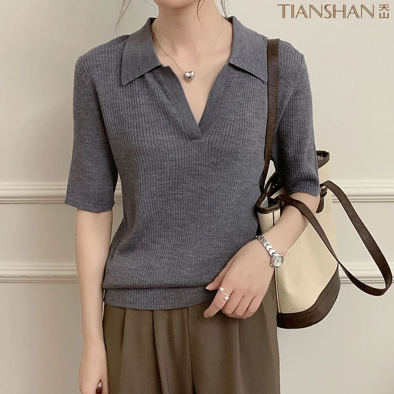 天山25春秋季轻奢48支16针超细精纺毛纯色POLO领显瘦毛衣针织