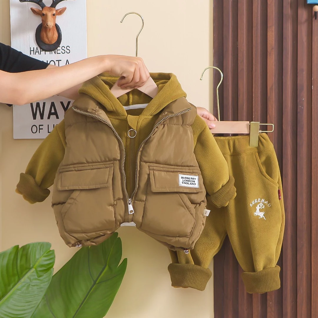 男童加绒加厚套装2023新款帅气马甲三件套婴儿童宝宝套装冬装潮款