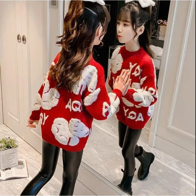 女童加厚毛衣2023新款秋冬装韩版中大童套头小熊加绒加厚针织衫潮