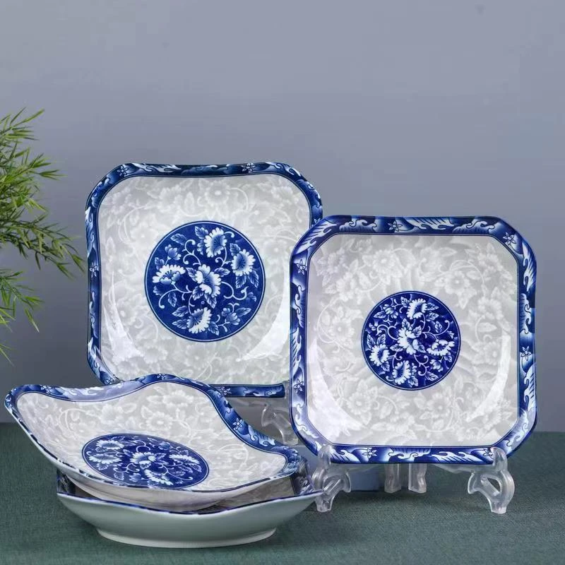 【工厂自发】8.5英寸青花如意方盘陶瓷网红家用菜盘釉下彩盘碟