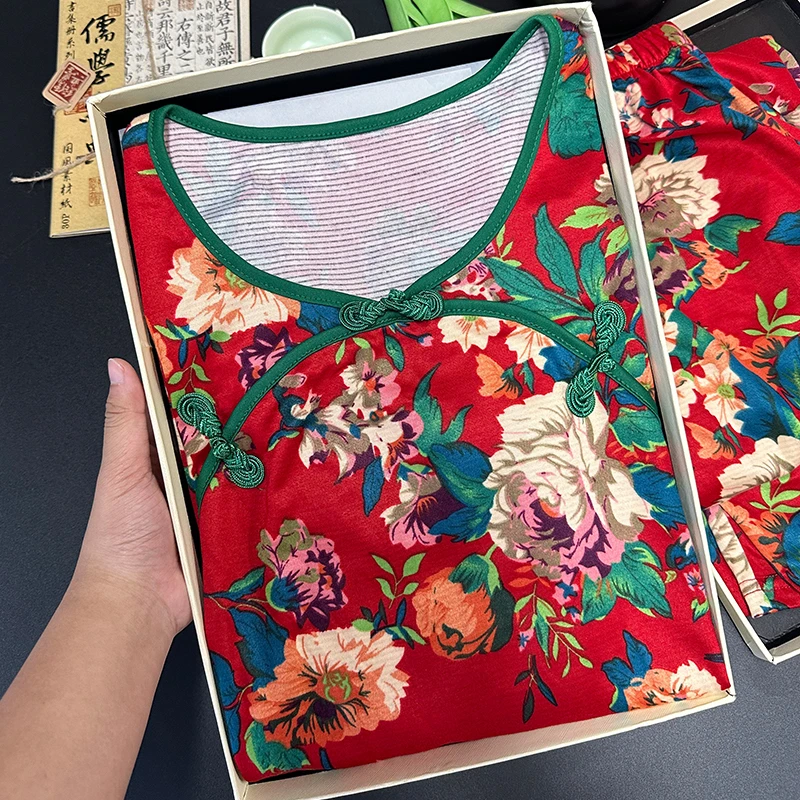 德绒东北大花时尚家居服两件套女左右盘扣秋冬季大小码V领睡衣