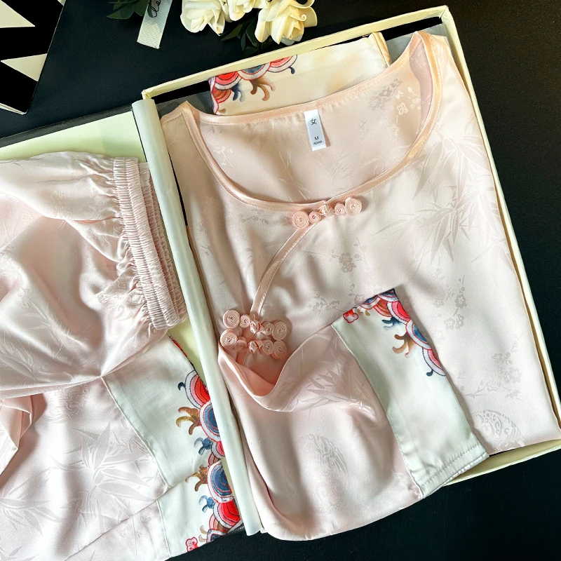 传统新中式国风睡衣套头春秋长袖女薄款提花冰丝绸缎家居服夏季