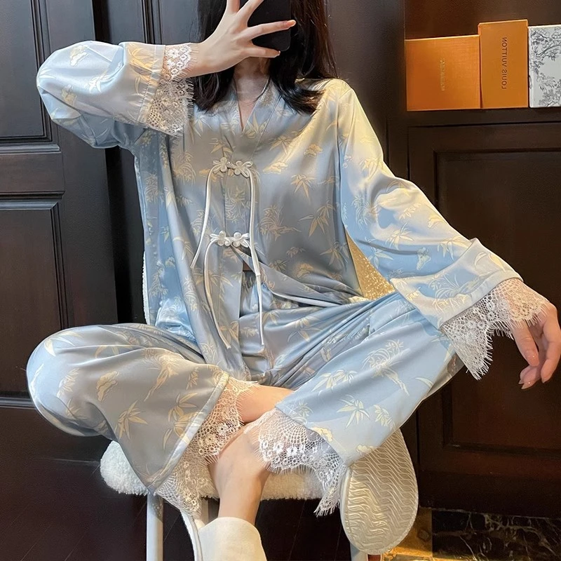 中式国风盘扣长袖女冰丝春夏季仙女大码两件套装蕾丝装家居服薄款