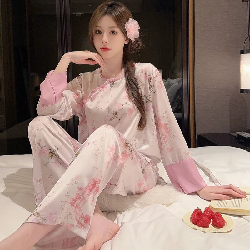 新中式冰丝睡衣女长袖套装国风盘扣套头女睡衣长款家居服大码宽松