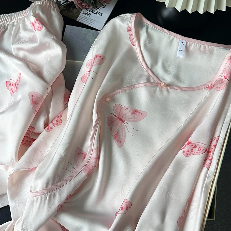 白粉蝶古风新中式国风睡衣女冰丝春夏季提花复古长袖家居服可外穿