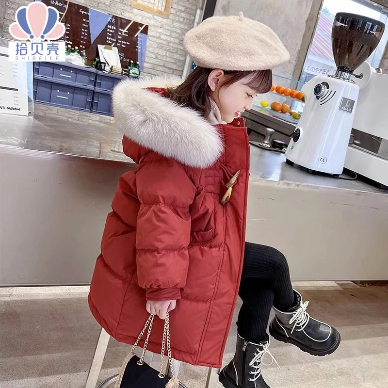 拾贝壳女童中长款羽绒服服冬季新款加厚棉袄中大通休闲保暖拜年服