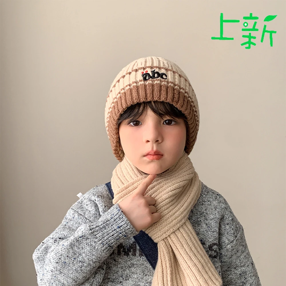 儿童帽子秋冬新款韩版字母ABC洋气宝宝保暖针织帽男女童护耳帽潮