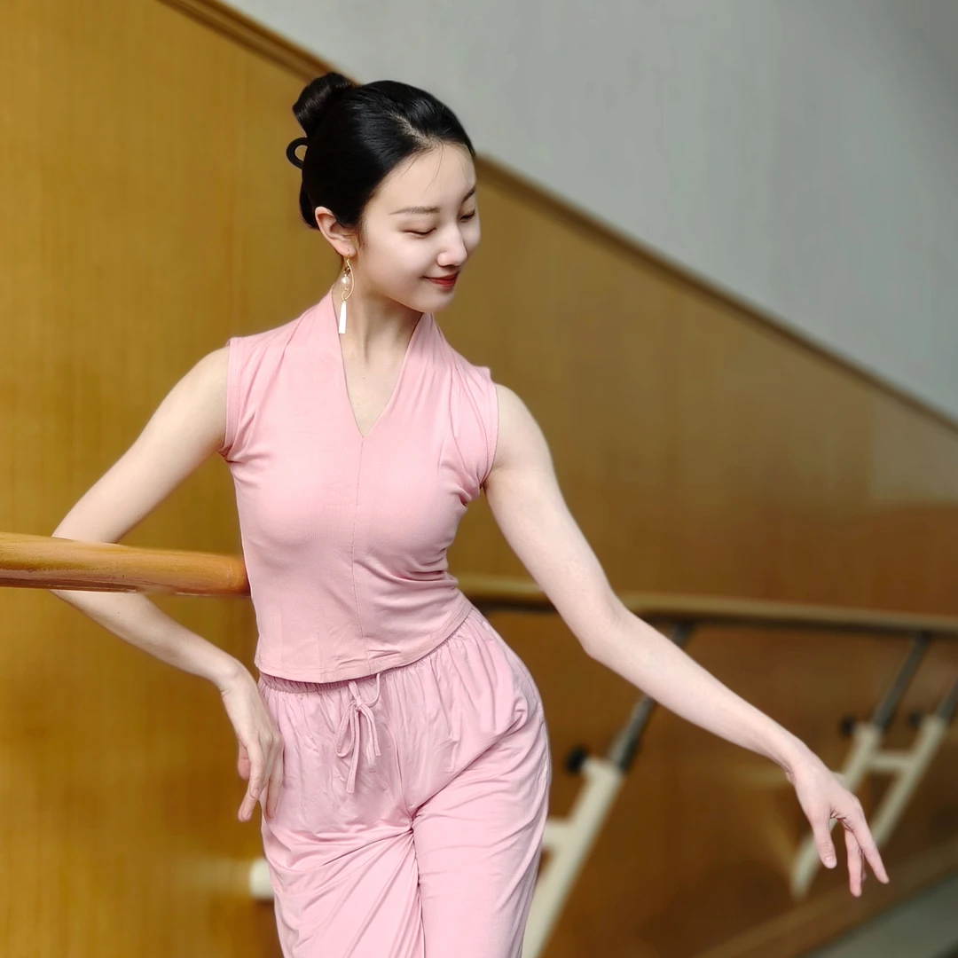 现代舞新款无袖V领舞蹈服修身女夏季显瘦基训服古典舞练功服上衣