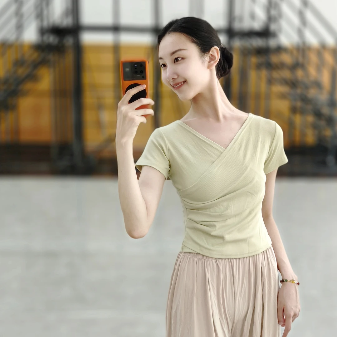 V领短袖练功服现代舞集训服古典舞身韵考级服修身螺纹棉瑜伽服