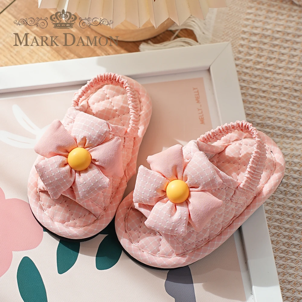 新款儿童纯棉布艺卡通太阳花1-2-3岁学步鞋家居室内地板拖鞋静音