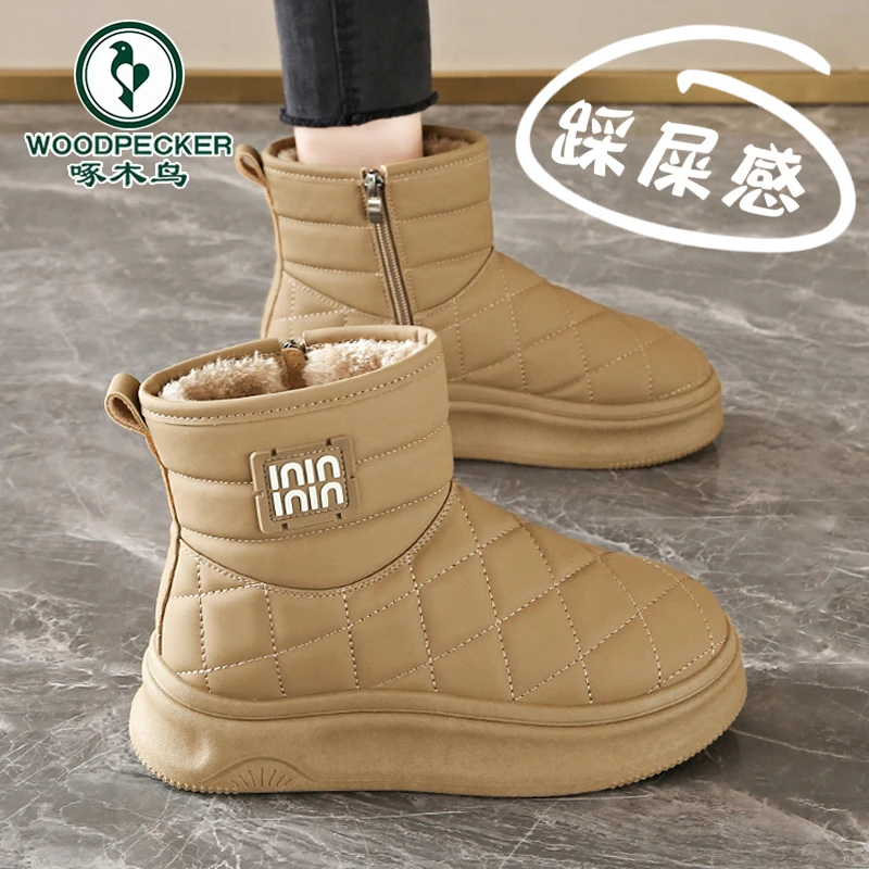 啄木鸟雪地靴女2025新款冬季加绒面包大棉鞋零下40度皮面防水防滑