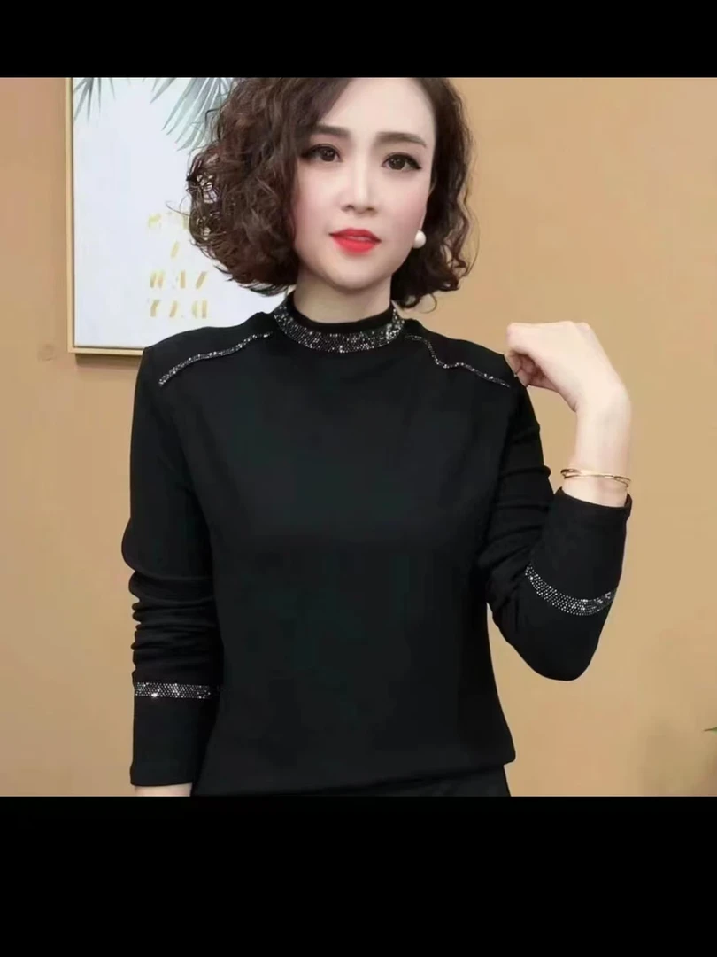 秋冬洋气烫钻半高领打底衫女时尚百搭妈妈装双面绒纯色上衣