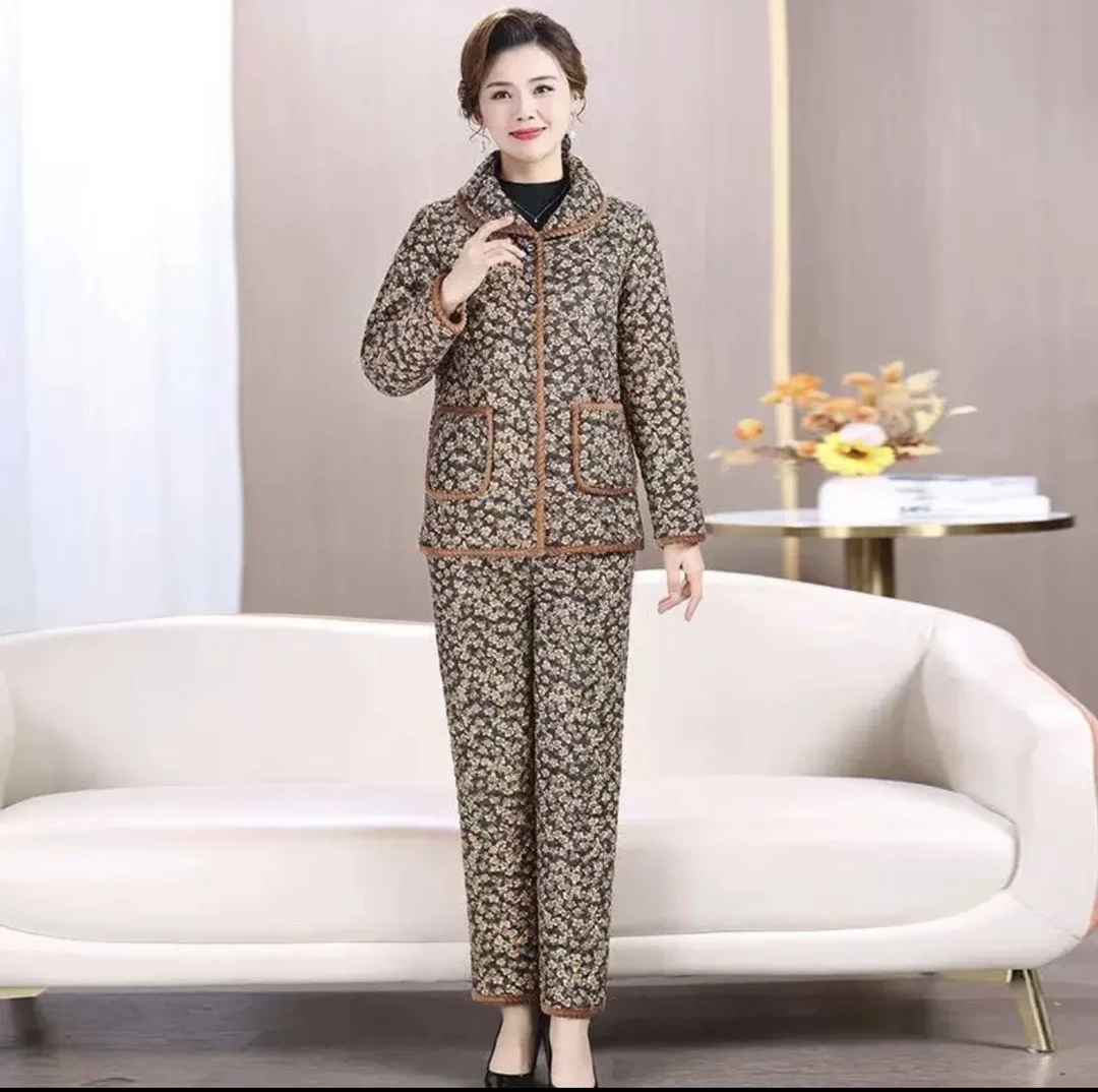 妈妈新款冬装休闲棉衣棉裤女士两件套时尚加绒加厚棉袄套装