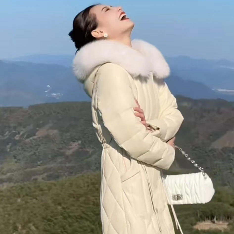 XY2024新款时尚潮流女款冬季大毛领收腰连帽女士保暖长款外套