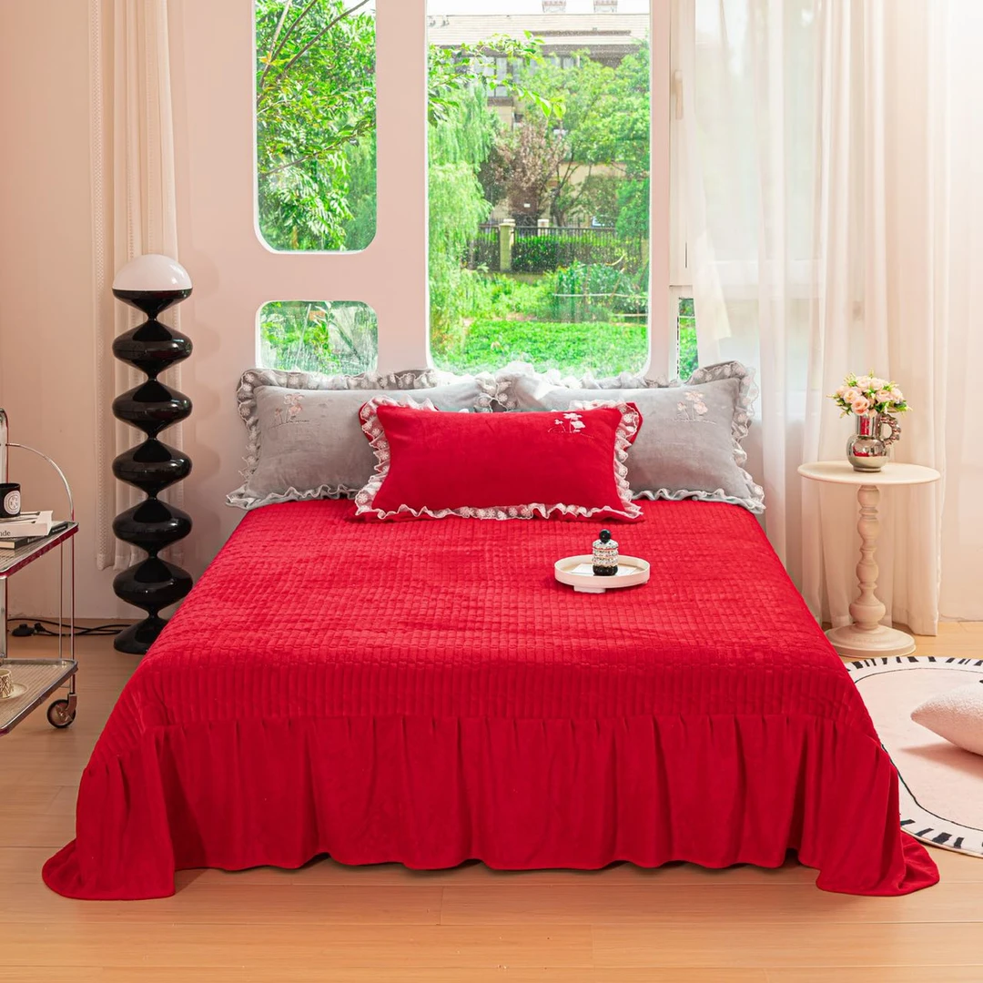 红色韩版公主风夹棉宝宝绒床裙床盖床单床罩花边冬季加厚绗缝床套