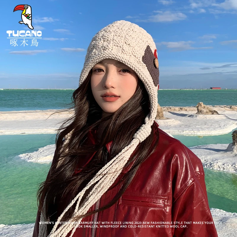 啄木鸟帽子女2024冬季时尚保暖针织帽韩版百搭秋冬新款护耳毛线帽