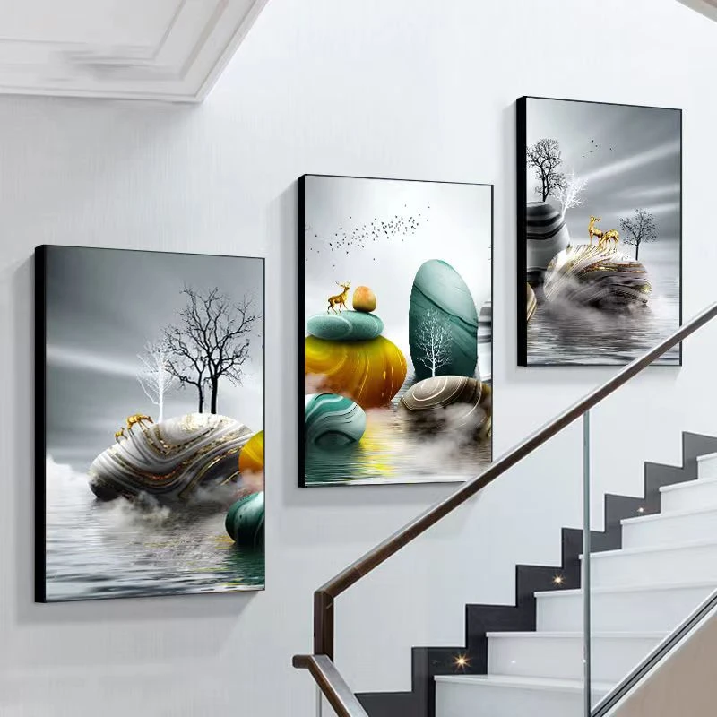 复式楼梯间装饰画走廊过道挂画楼道墙壁画沙发现代简约客厅三联画