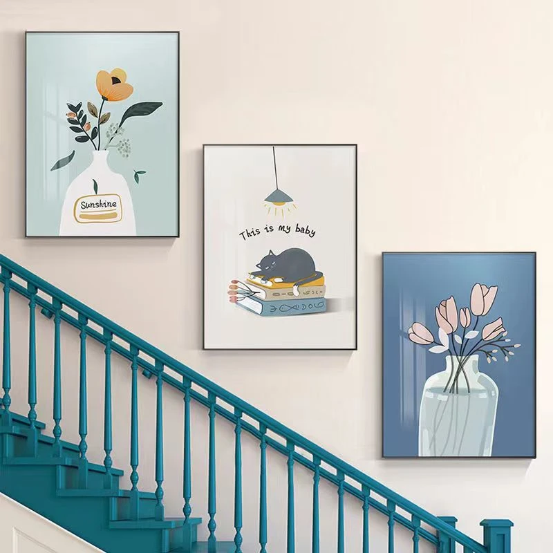复式楼梯间装饰画走廊过道挂画楼道墙壁画沙发现代简约客厅三联画