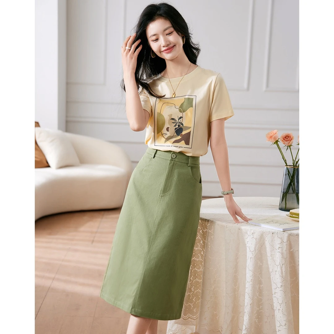 沫晗依美2025夏新款时尚休闲半裙套装轻薄舒适显瘦短袖两件套女