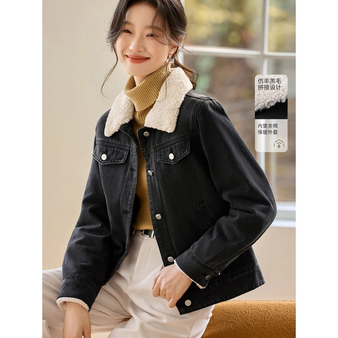 沫晗依美牛仔夹棉外套2024冬季新款休闲松弛廓型感拼接领保暖外套