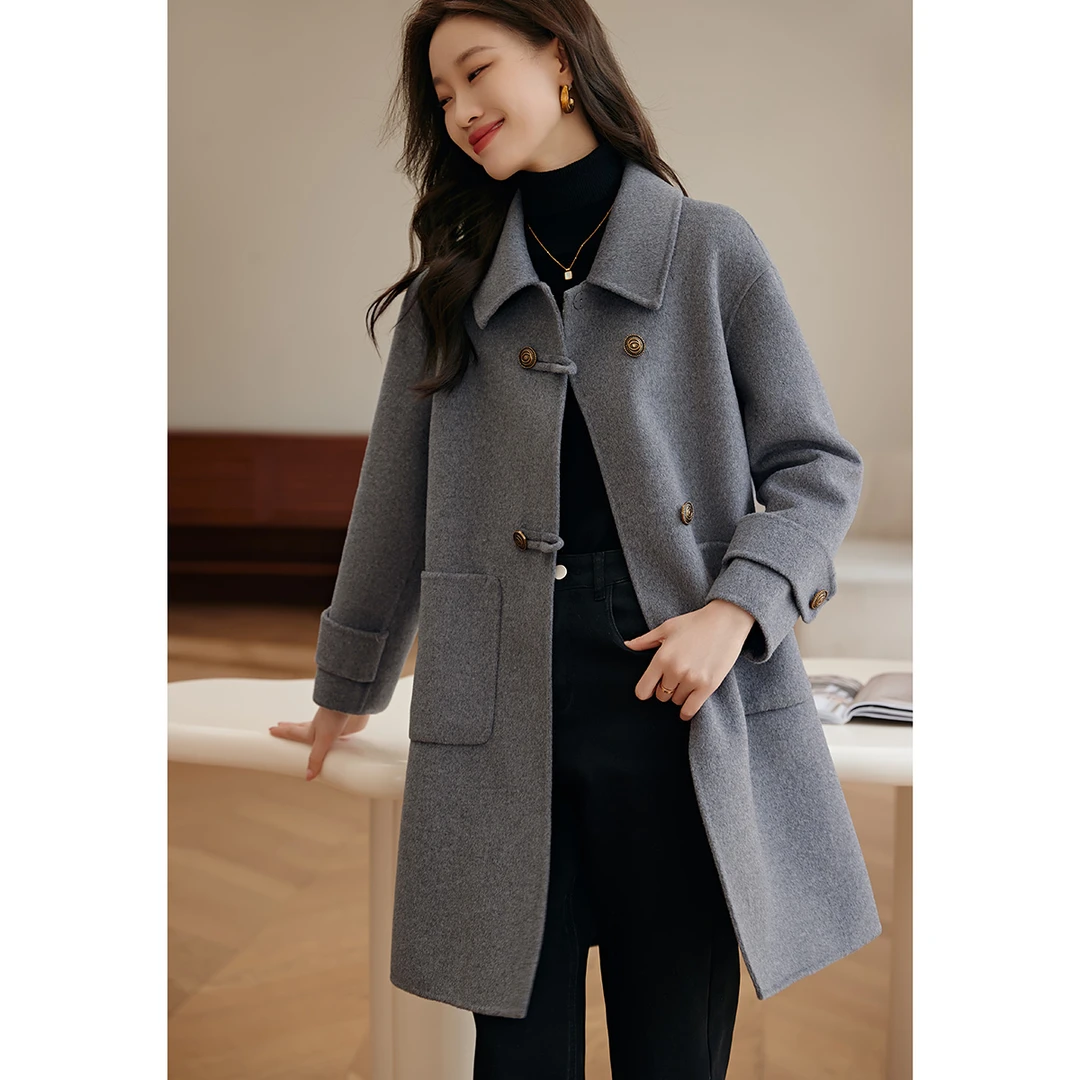 【邱莹莹专享】沫晗依美2024冬季中长款双面呢大口袋百搭保暖大衣女