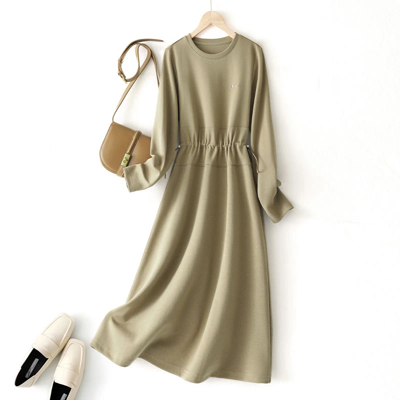 沫晗依美【直播】圆领抽绳调节连衣裙2025百搭收腰显瘦气质连衣裙女