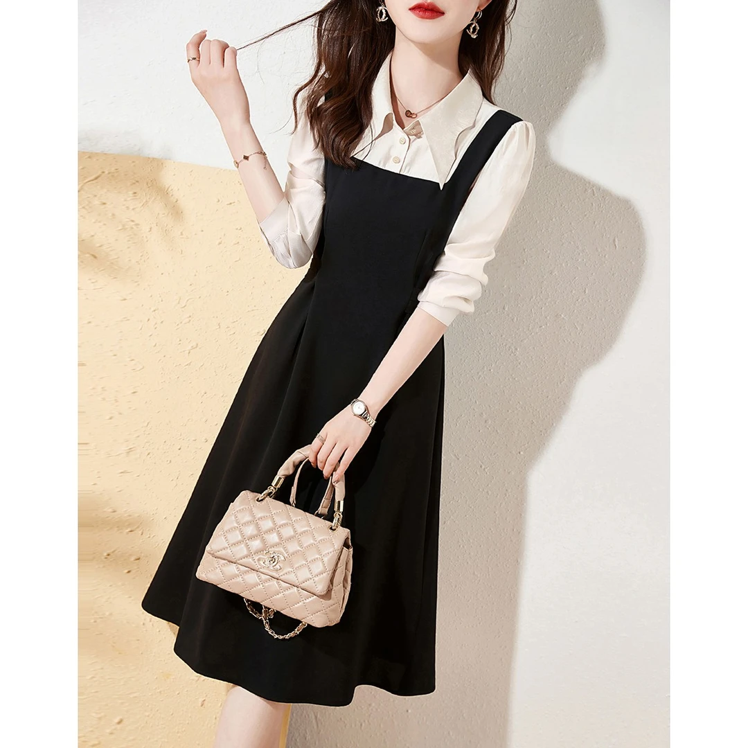 沫晗依美新款通勤撞色假两件显瘦收腰连衣裙秋季洋气拼接长袖黑色