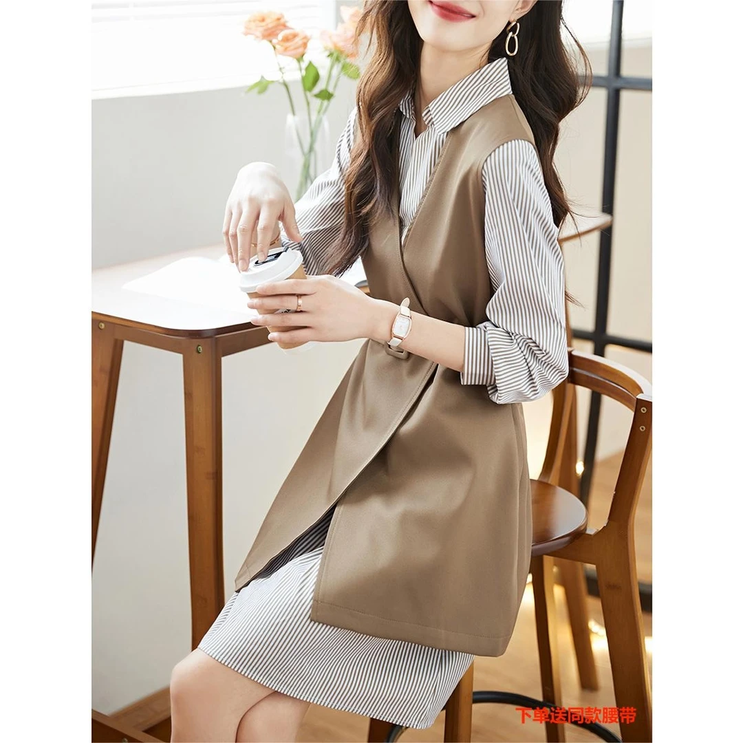 沫晗依美简约质感裙套24春季气质马夹条纹衬衫裙百搭女套装无袖