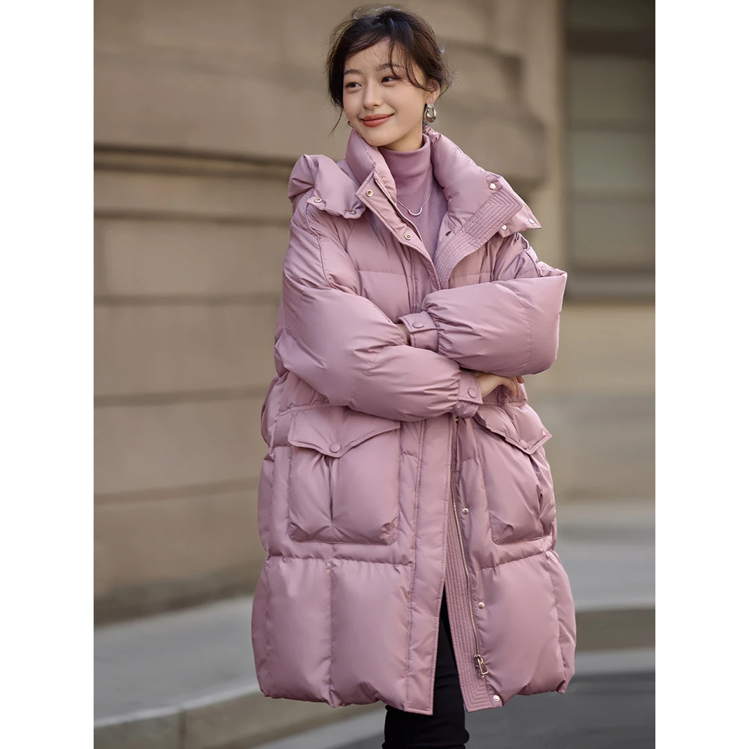 沫晗依美中长款加厚保暖羽绒服2024冬季新款泡芙肌理感连帽羽绒服