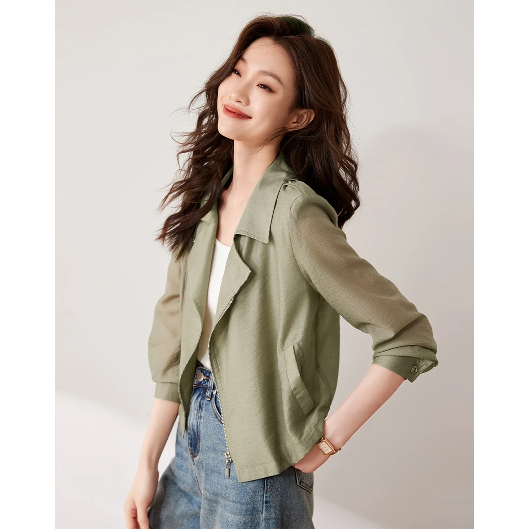 沫晗依美24春季不对称斜小众设计风衣式防晒上衣天丝短款外套气质