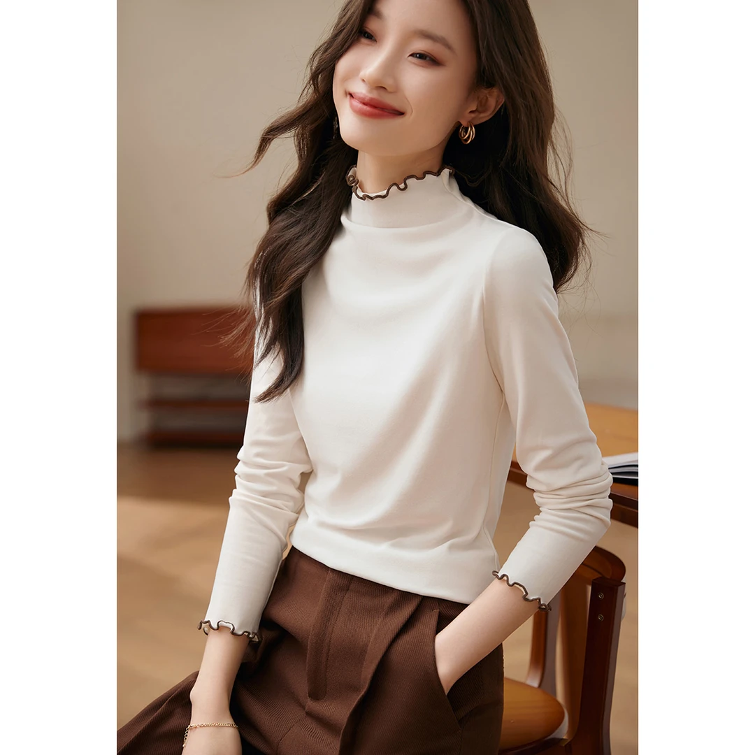 沫晗依美2024冬季修身显瘦百搭基础打底上衣半高领木耳边打底衫女