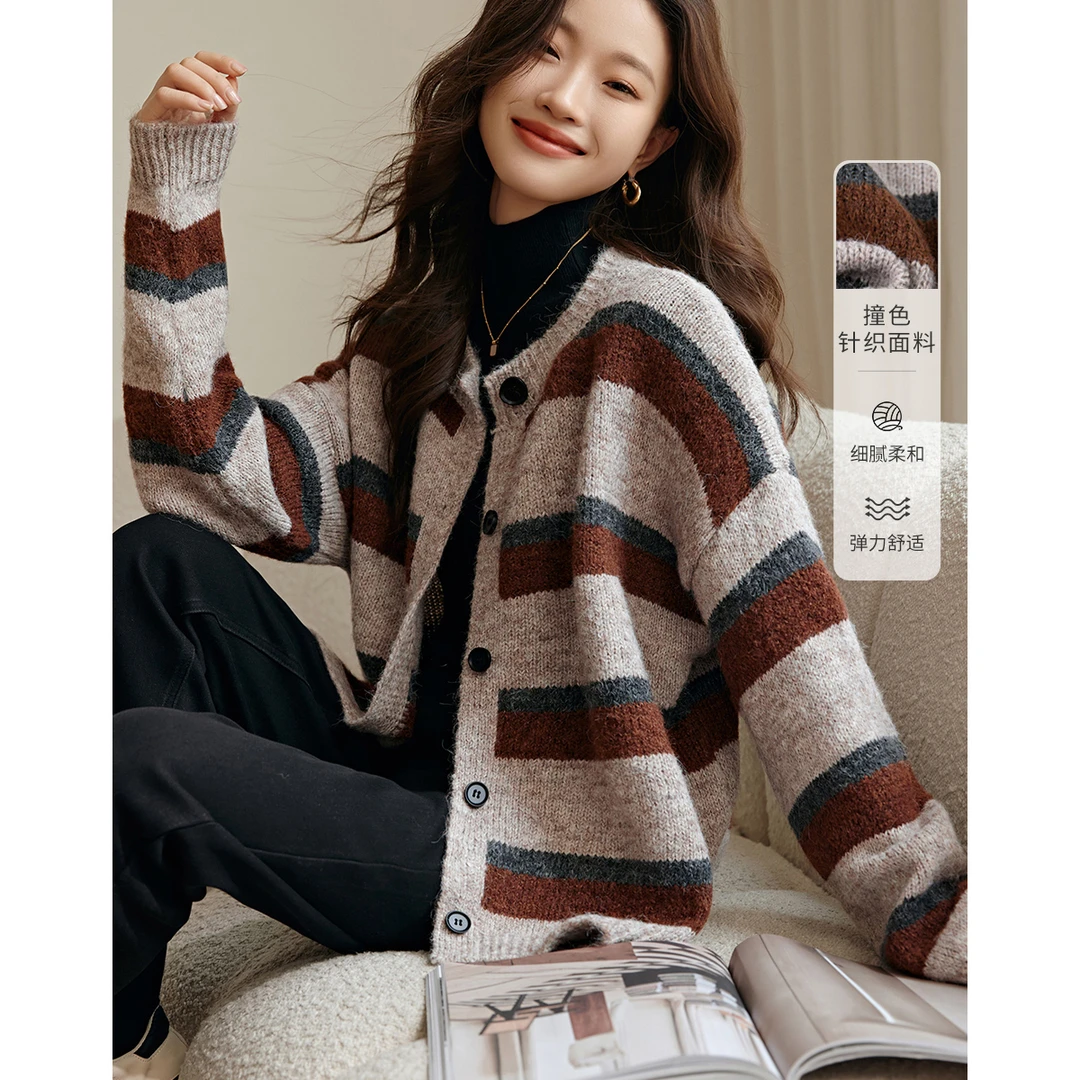 沫晗依美2024冬季撞色慵懒复古秋冬学院针织开衫条纹圆领针织衫女