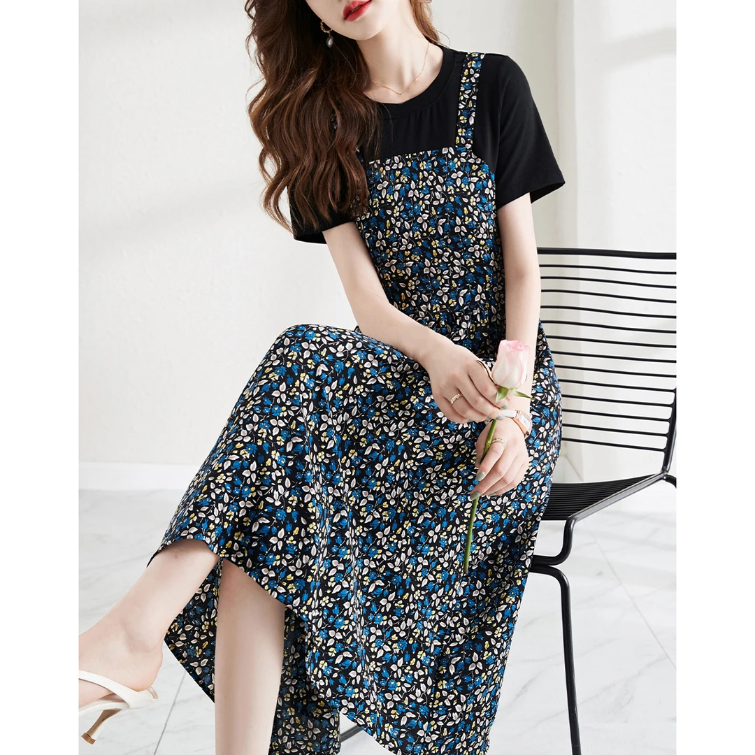 沫晗依美2025夏季新款气质法式印花时尚假两件浪漫碎花连衣裙女