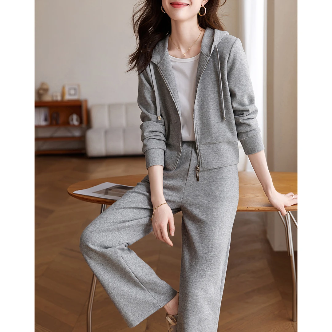 沫晗依美2024秋季休闲百搭卫衣套装珠地空气层连帽卫衣女套装